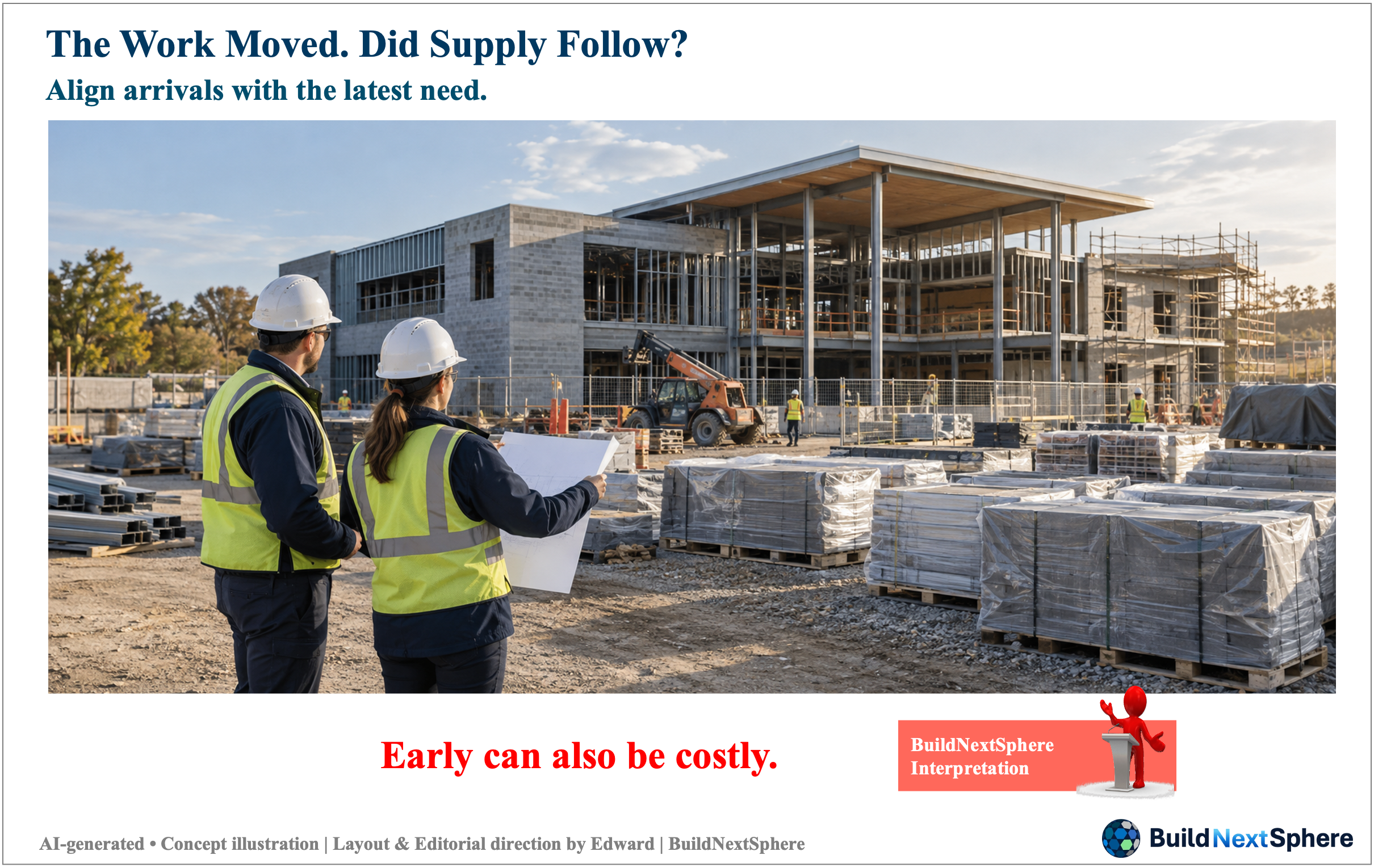 Two engineers review materials stored beside a building under construction. AI-generated concept illustration.