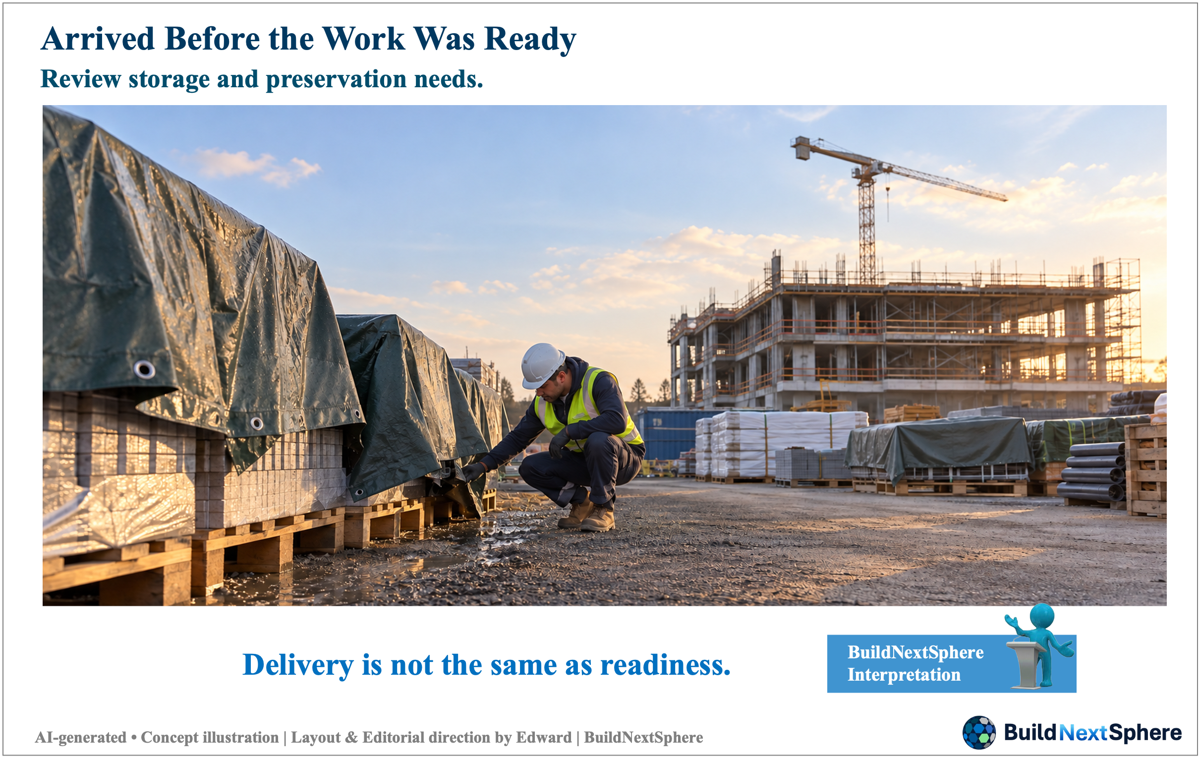 A worker checks the protective covering over stored construction materials. AI-generated concept illustration.