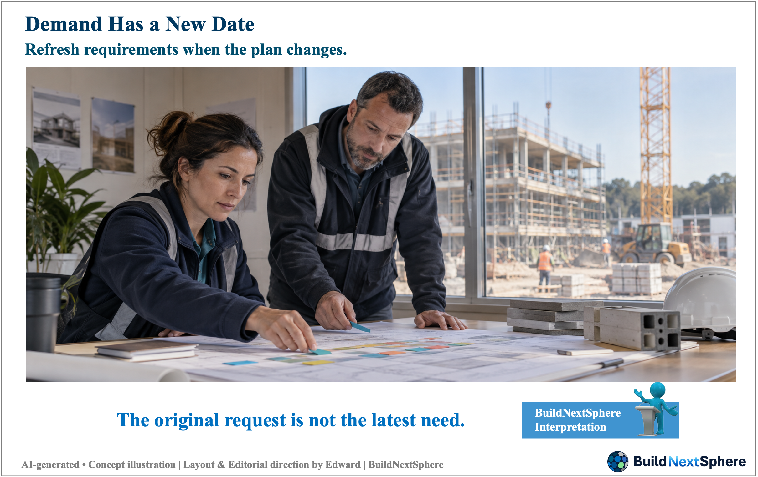 Two colleagues compare a plan, indexed documents and material samples. AI-generated concept illustration.