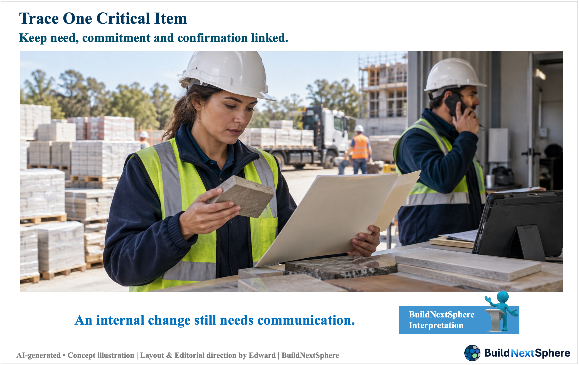 A reviewer examines a material sample and documents while a colleague makes a phone call. AI-generated concept illustration.