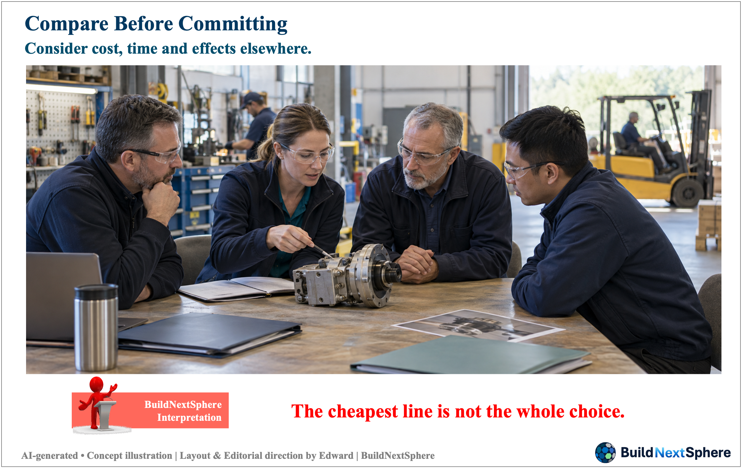 Four colleagues discuss a component and its supporting information in a workshop. AI-generated concept illustration.