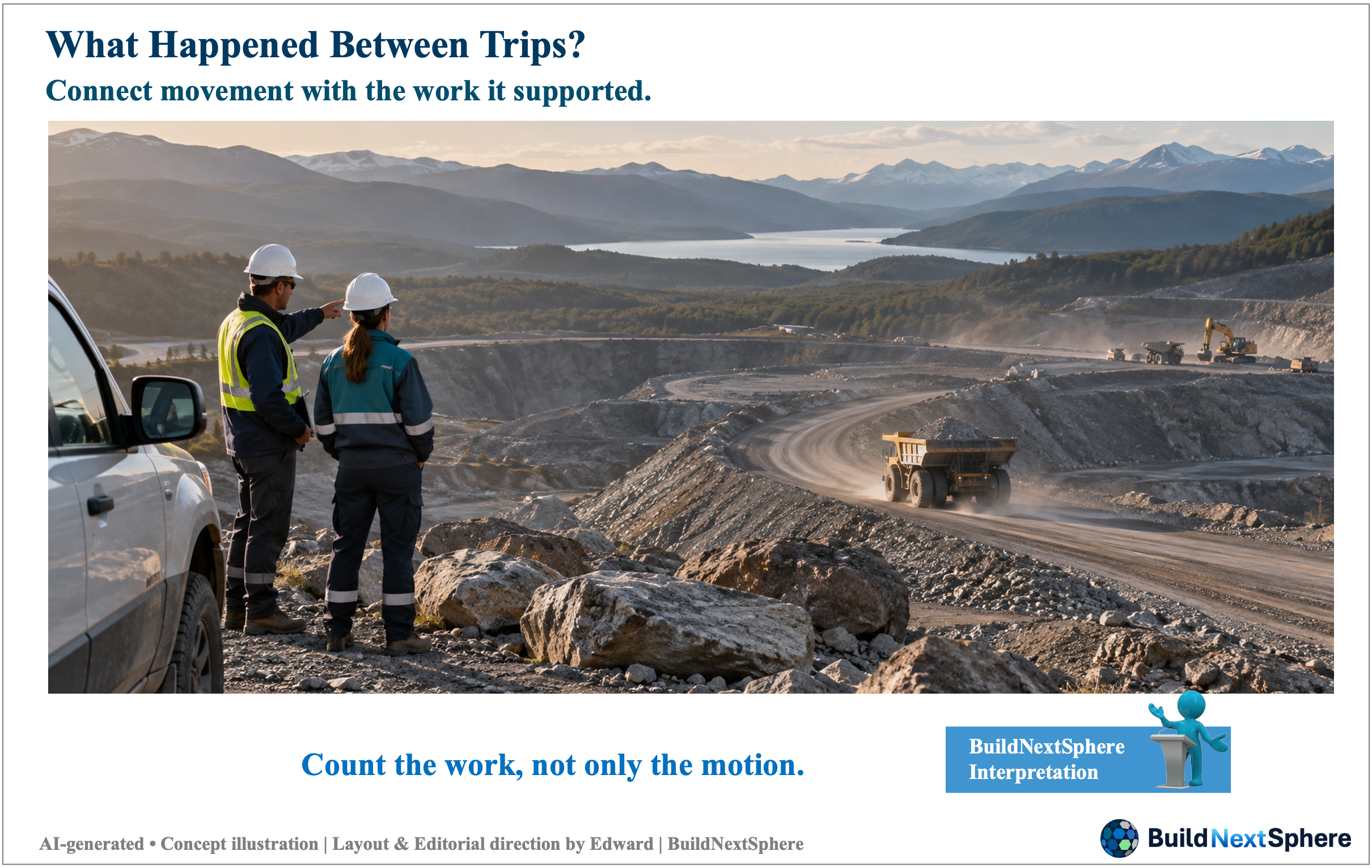 Two observers examine a haul route with a dump truck in the distance. AI-generated concept illustration.