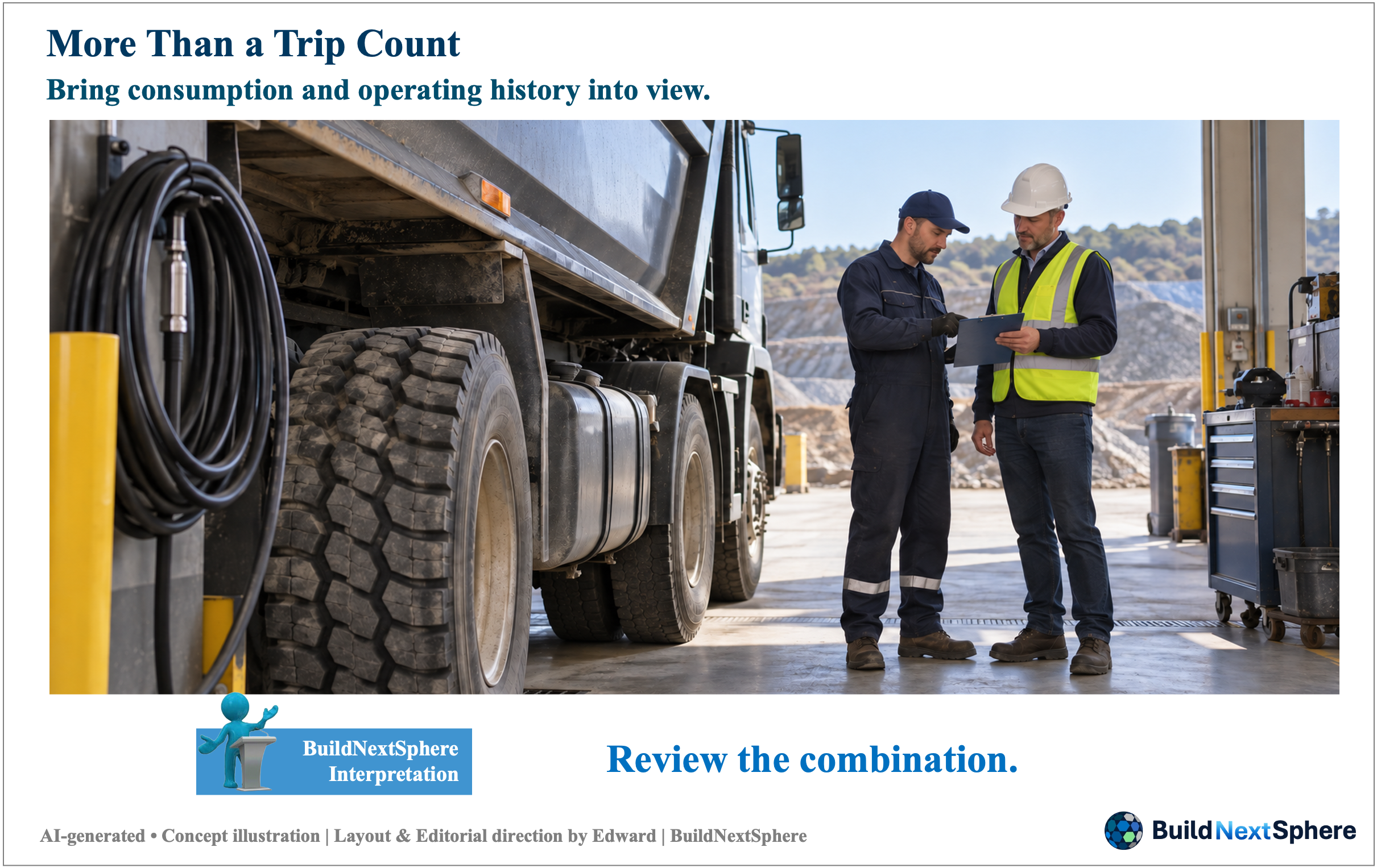 A mechanic and supervisor review records beside a dump truck, tyres and fuel equipment. AI-generated concept illustration.