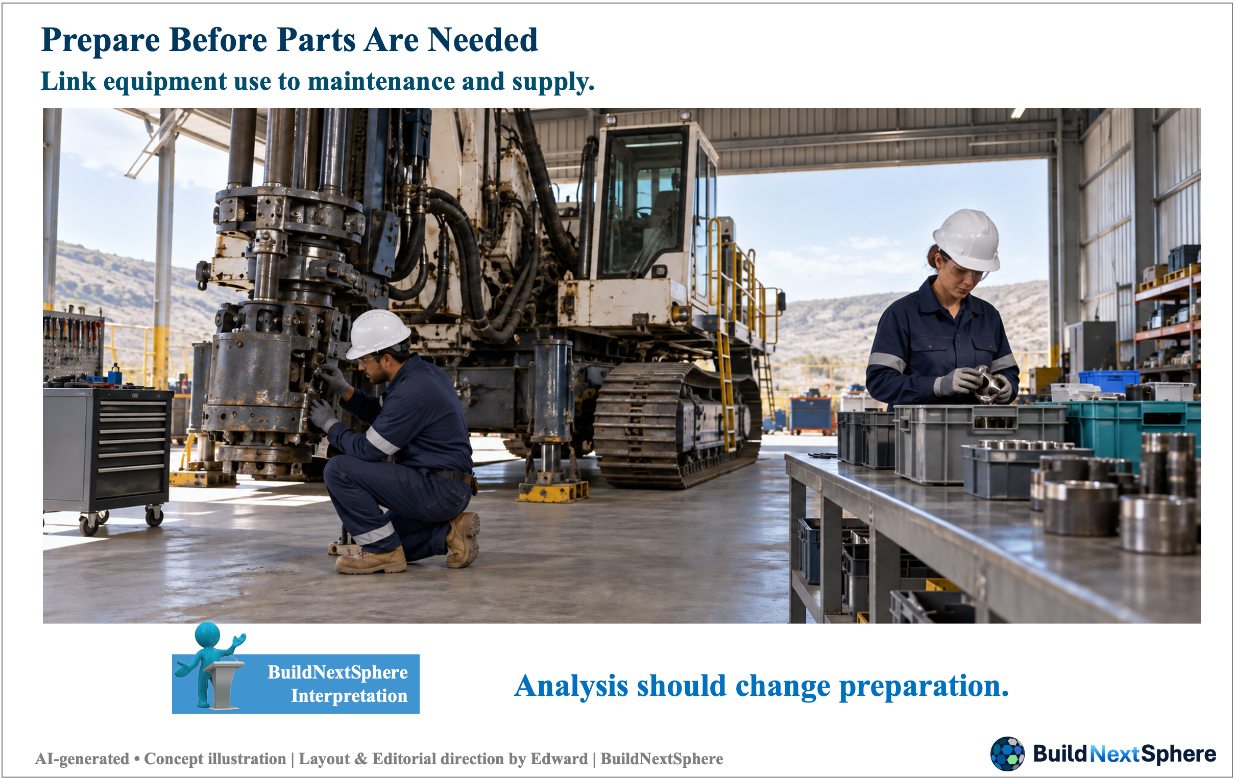 A mechanic examines drilling equipment while a colleague checks parts at a workbench. AI-generated concept illustration.