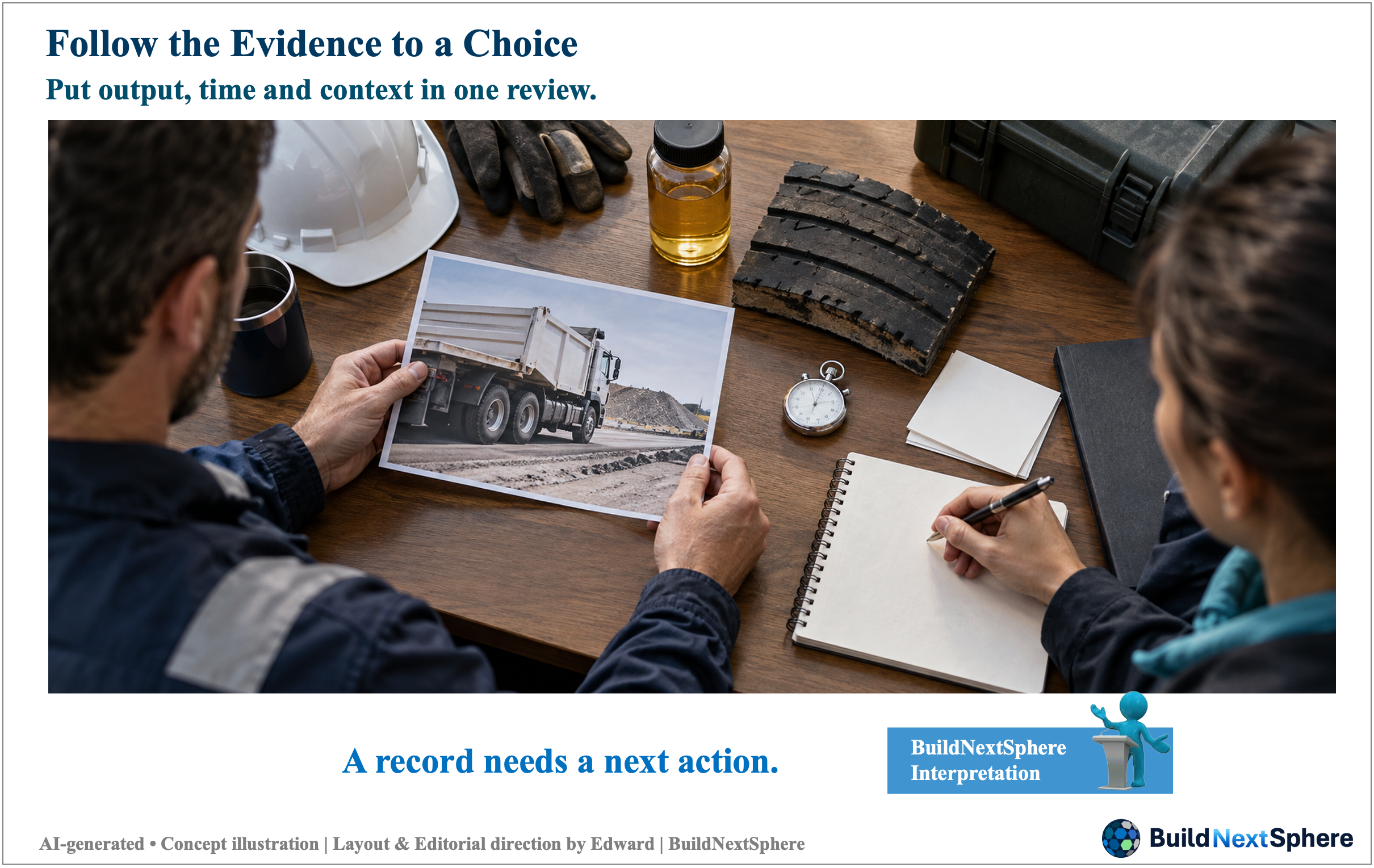 Two people review a dump-truck photograph beside a stopwatch, a tyre-tread sample and a bottle of liquid. AI-generated concept illustration.