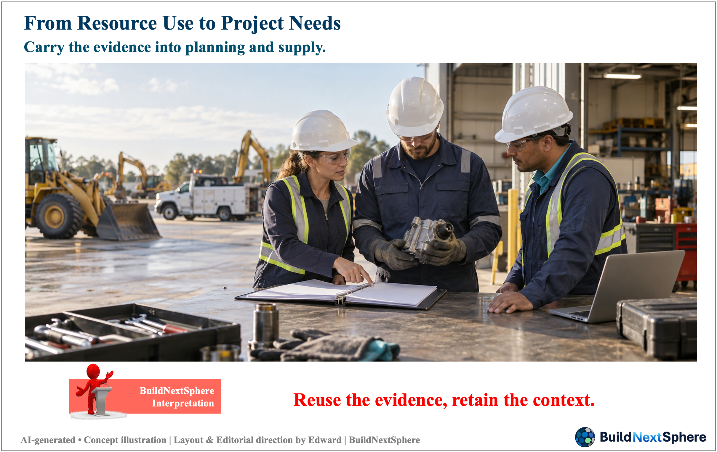 Three colleagues review a mechanical component and records near a vehicle yard. AI-generated concept illustration.