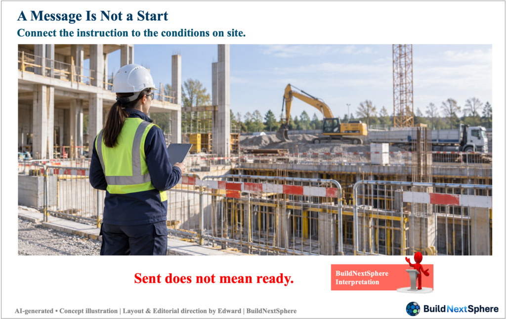 An engineer with a tablet observes an unfinished work area behind a barrier. AI-generated concept illustration.
