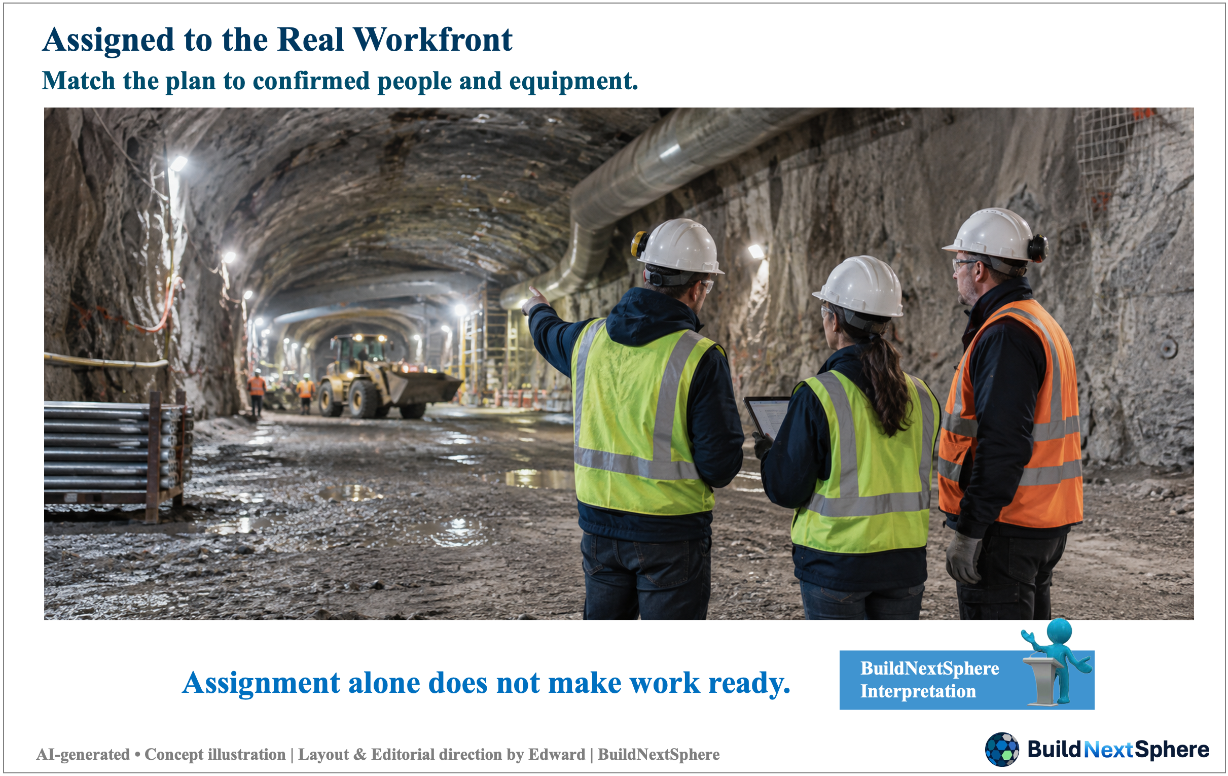 Three engineers face an underground work area, with a loader farther inside the tunnel. AI-generated concept illustration.