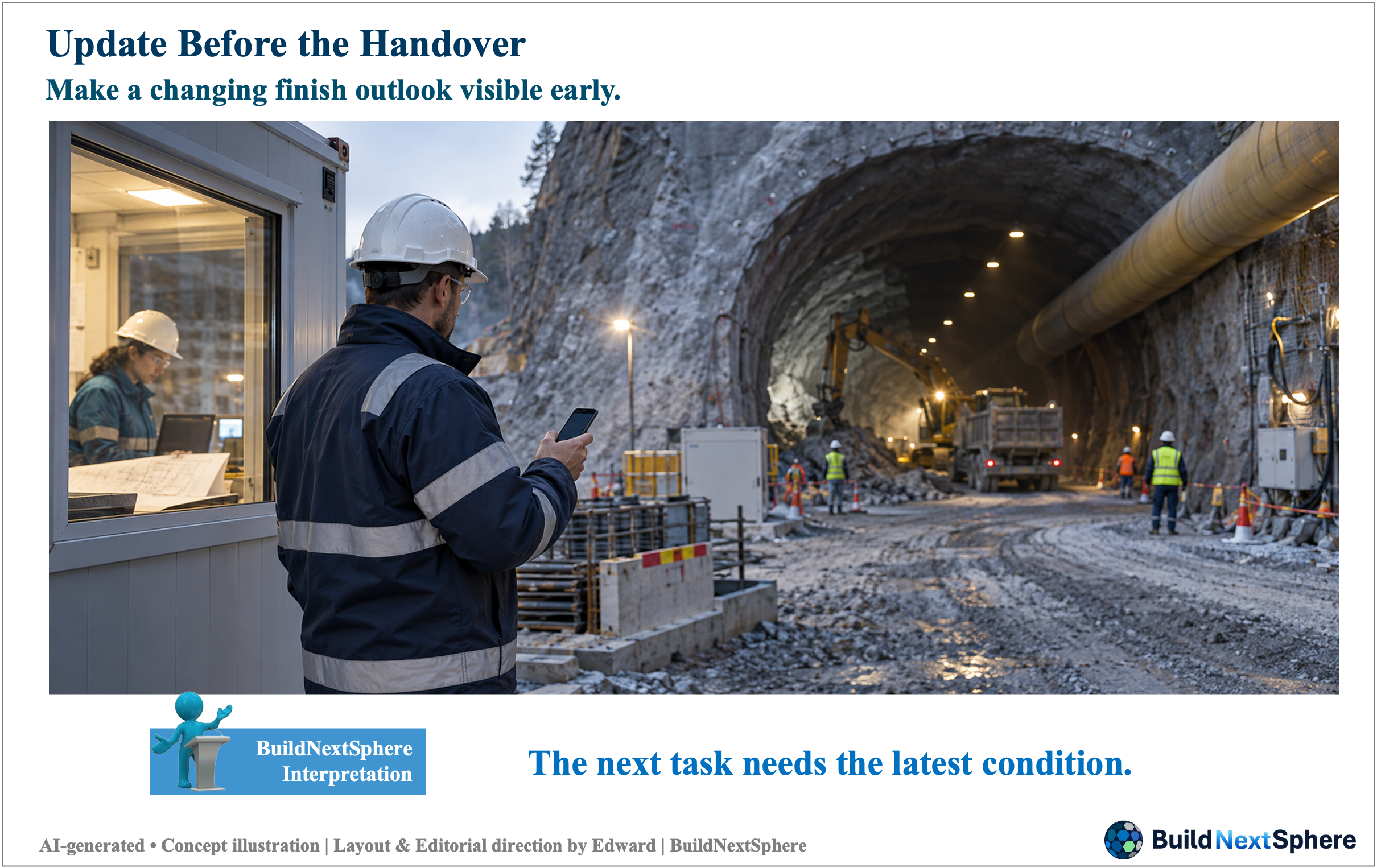 An engineer uses a phone near a tunnel while a colleague works at a desk. AI-generated concept illustration.