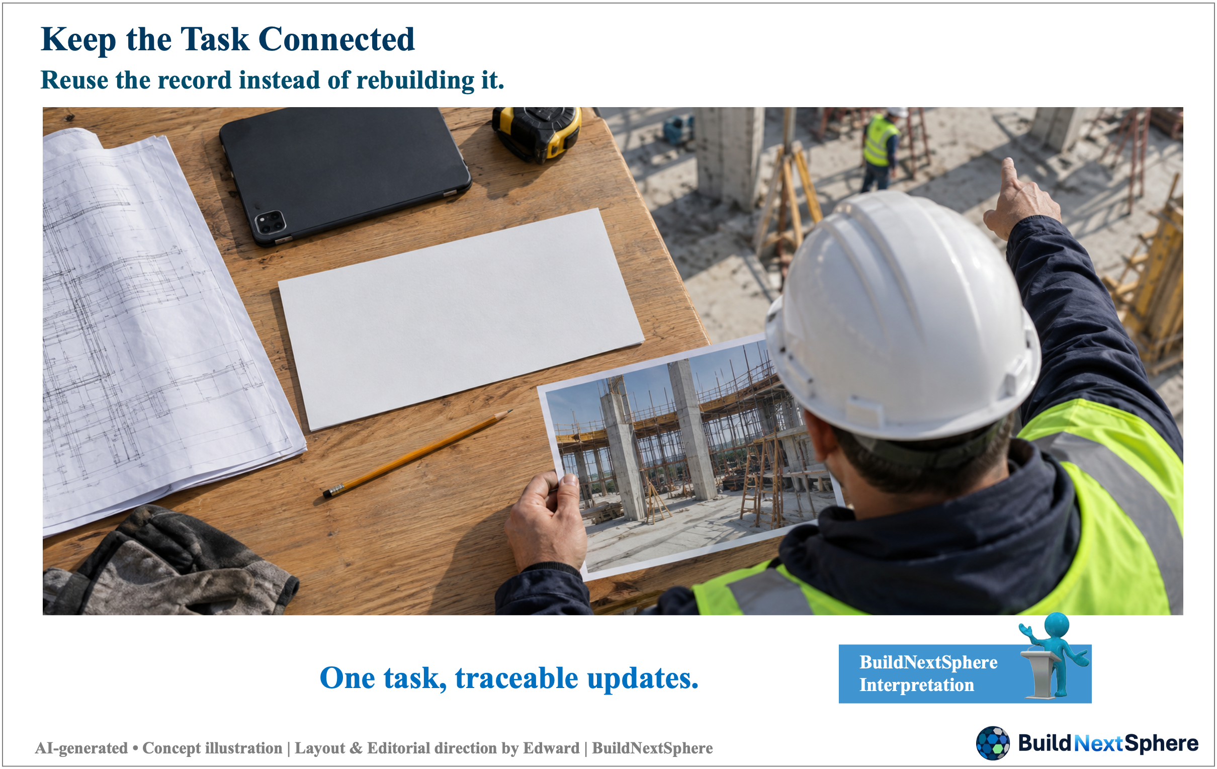 An engineer reviews a site photograph, paper records and a tablet at a desk. AI-generated concept illustration.