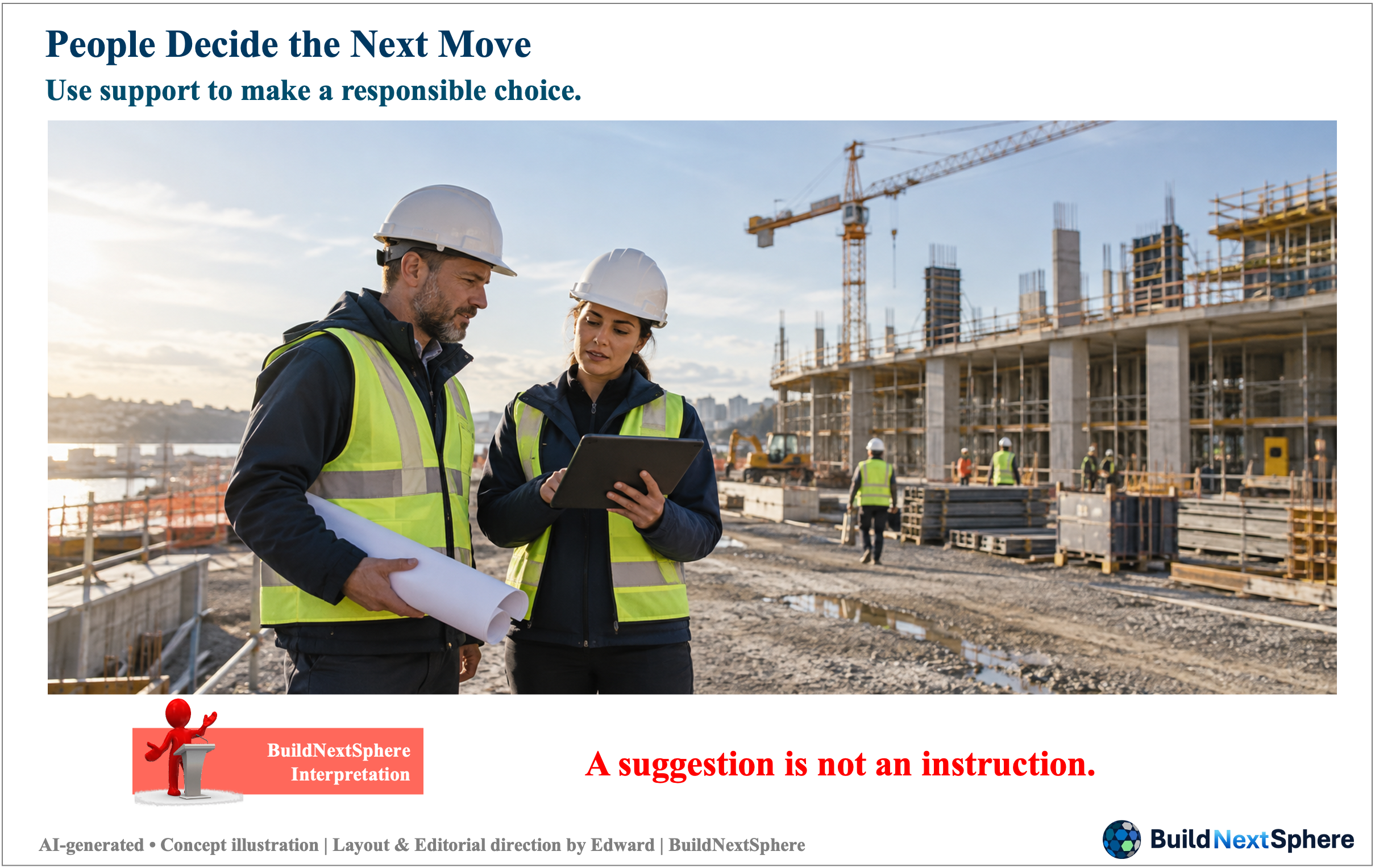 Two engineers consult a tablet beside an unfinished building. AI-generated concept illustration.