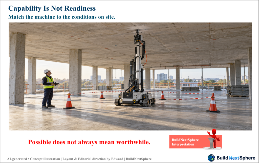 An engineer observes a conceptual overhead-drilling robot in a cordoned concrete bay.