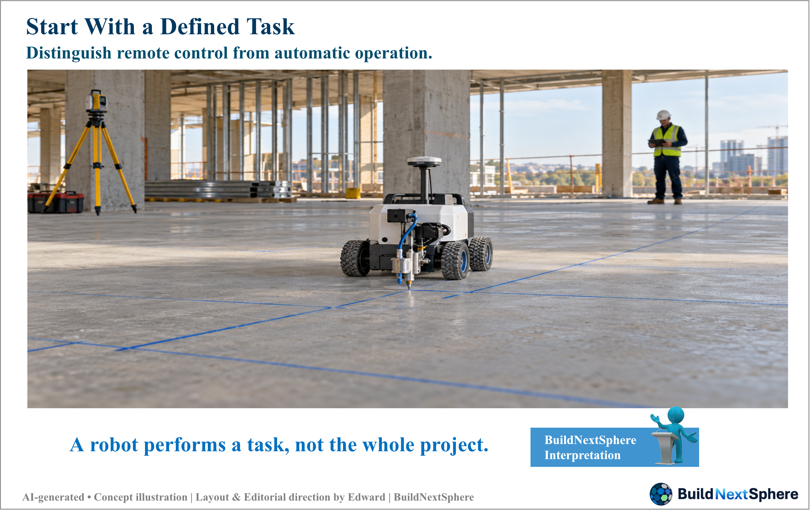 A conceptual wheeled floor-layout robot marks blue lines on a concrete slab.
