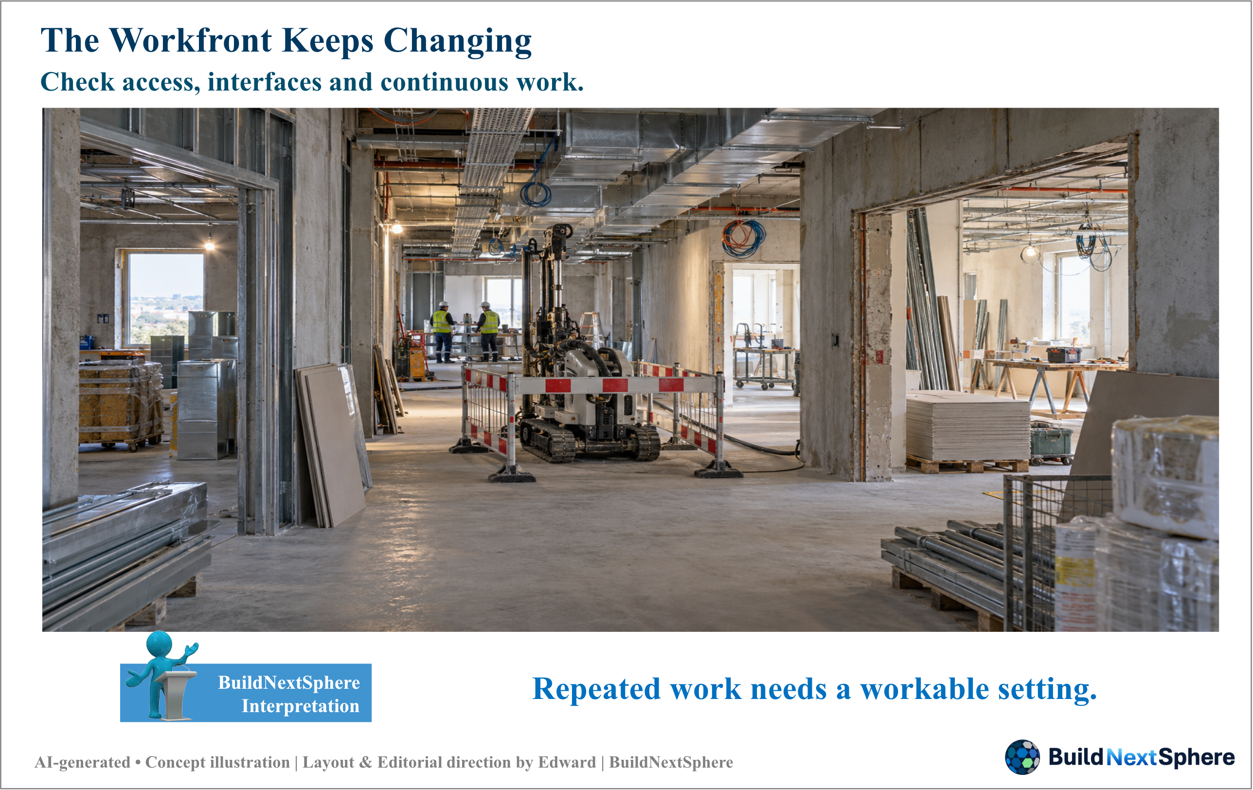 A parked robot stands in an unfinished corridor with multiple adjacent work areas.