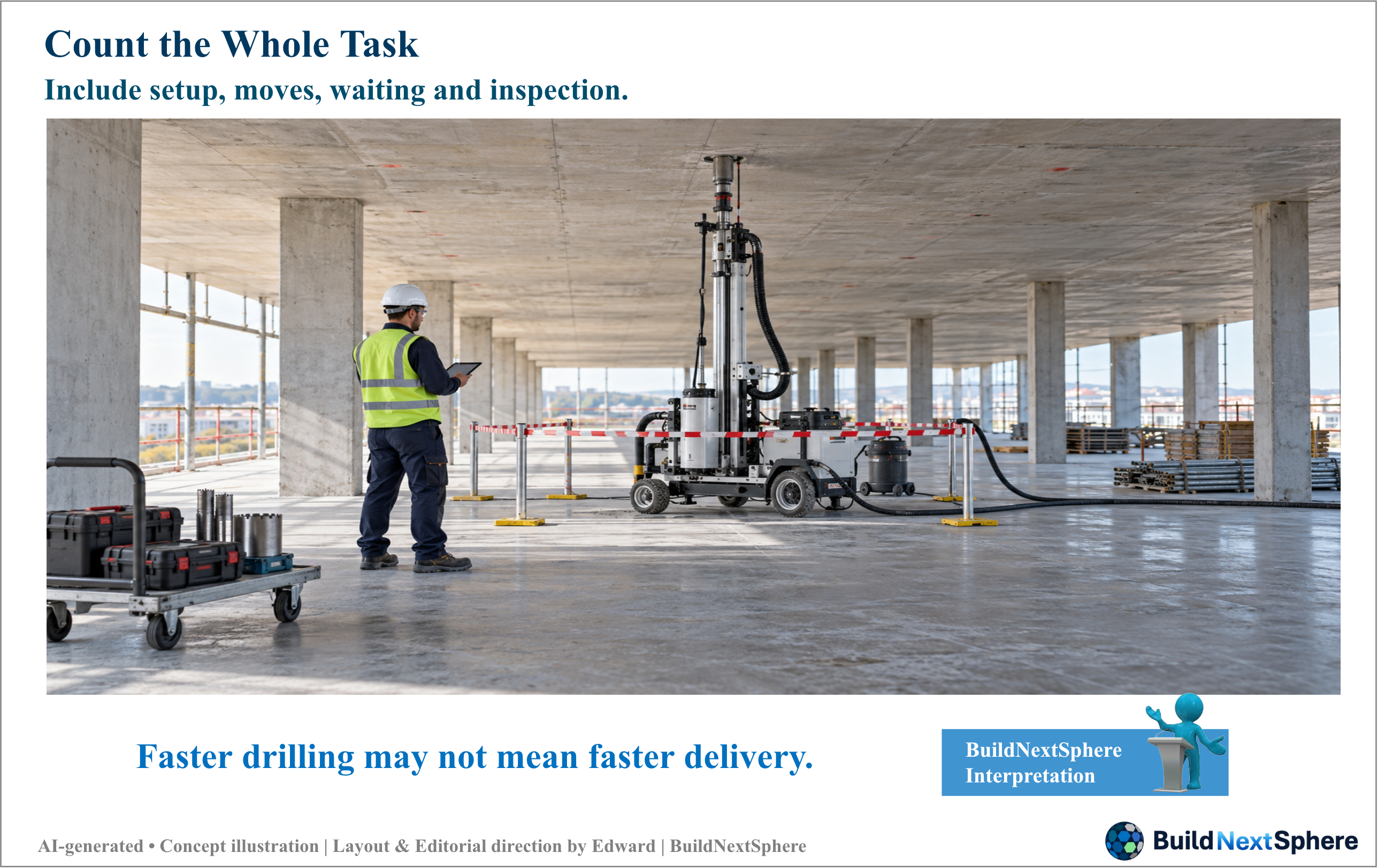 An overhead-drilling robot and support trolley occupy a clear repeated concrete bay.