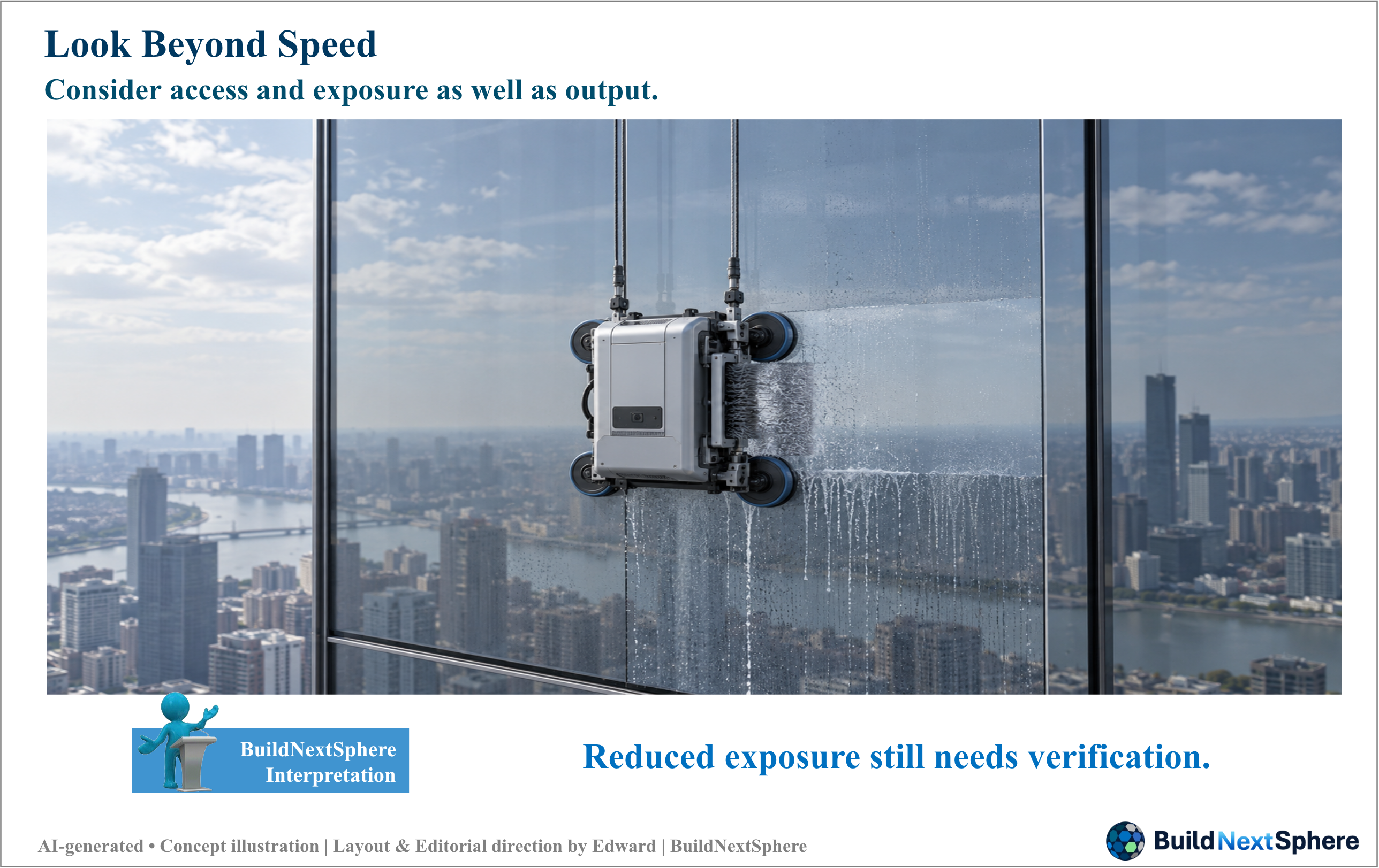 An unmanned suspended facade-cleaning unit works against high-rise glass.