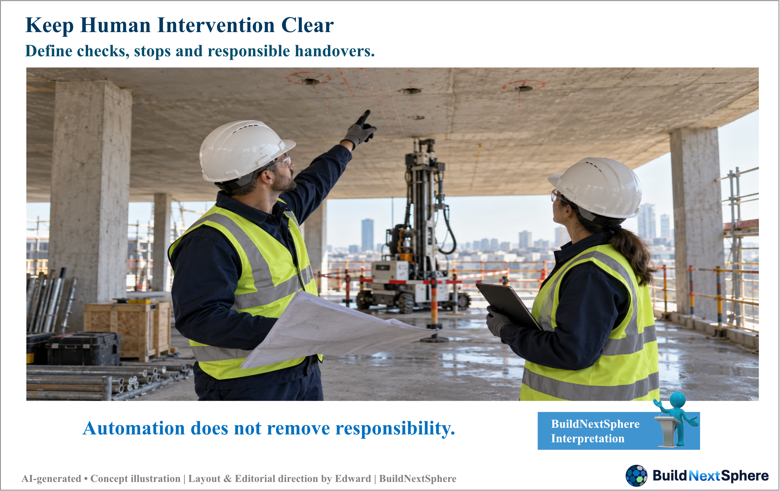 Two engineers review ceiling drilling results with a robot in the background.