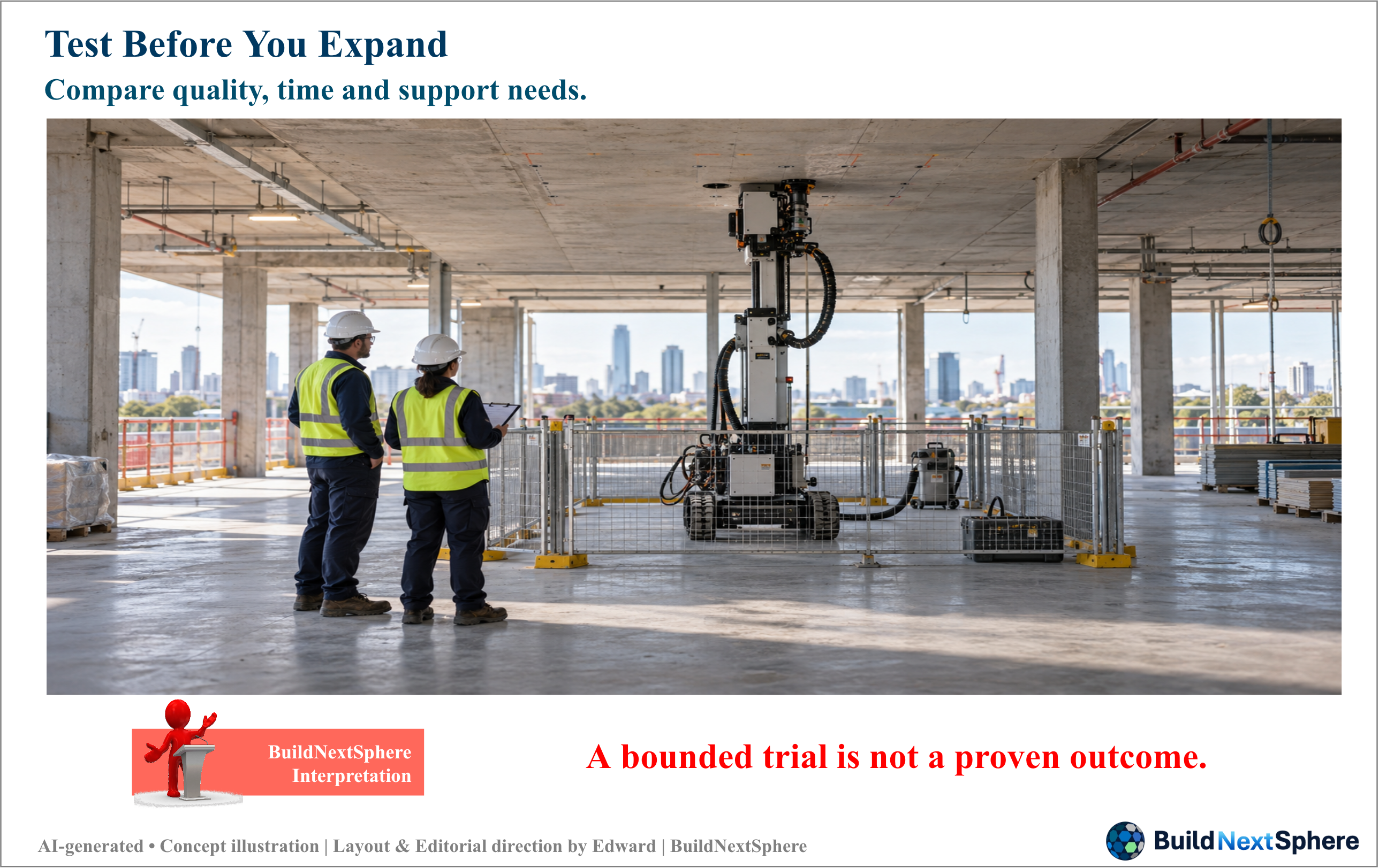 Two staff review a robot inside a bounded trial area.